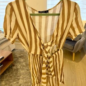 Yellow and white stripped tie front romper